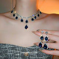 Alloy Waterdrop Rhinestone Sapphire Blue Earrings Necklace Jewelry Set French Court Style view 1