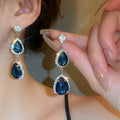 Alloy Waterdrop Rhinestone Sapphire Blue Earrings Necklace Jewelry Set French Court Style view 4