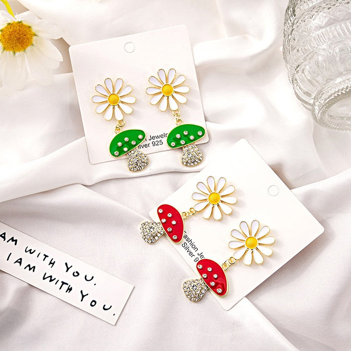 Elegant White Daisy Enamel Mushroom Drop Earrings With Alloy Rhinestone Inlay Sweet Forest Style Earrings