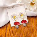 Elegant White Daisy Enamel Mushroom Drop Earrings With Alloy Rhinestone Inlay Sweet Forest Style Earrings view 3