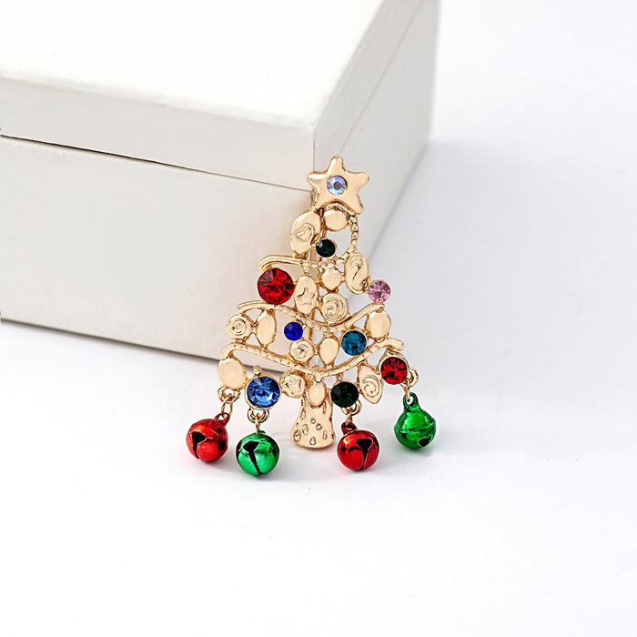 Christmas Tree Gift Brooch With Five Point Star Rhinestone Hollow Bell Coat Pin For Women