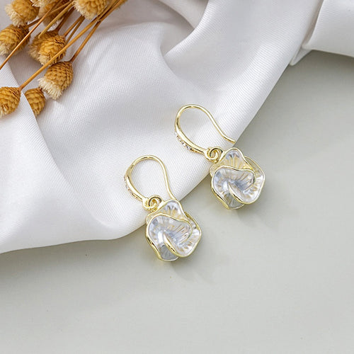 Elegant French Camellia Flower Drop With Gold Alloy Hooks And Micro Paved Zircon Shell Petal Earrings