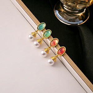 French Vintage Oval Color Gemstone Alloy Pearl Drop Elegant Court Style Geometric Women's Earrings