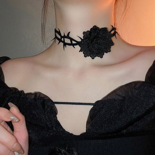 Halloween Gothic Fabric Rose Tie Multi Layer Wrap Choker Necklace For Women