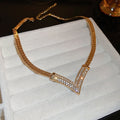 Gold Plated Copper V Shape Rhinestone Necklace, Geometric Line Clavicle Chain, Luxury Minimalist Style view 2
