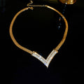 Gold Plated Copper V Shape Rhinestone Necklace, Geometric Line Clavicle Chain, Luxury Minimalist Style view 4