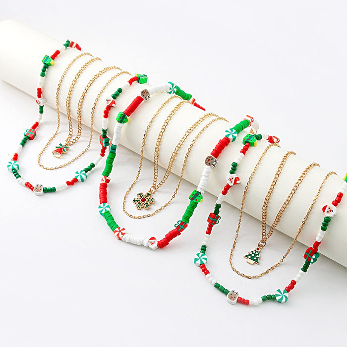 Christmas Santa Claus Necklace Cartoon Enamel Resin Candy Reindeer Bell Multilayer Pendant Jewelry
