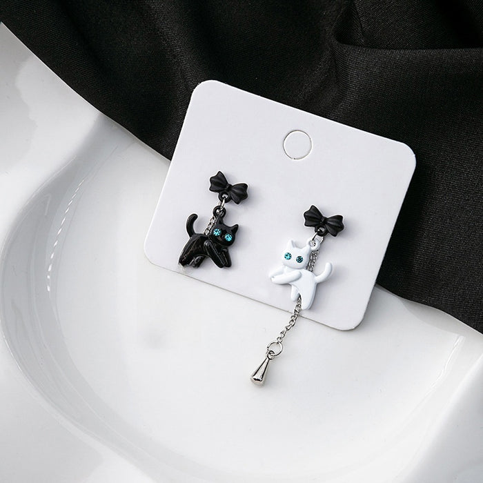 Cute Asymmetric Enamel Cat Bowknot Dangle Drop Alloy Rhinestone Sweet Korean Style Earrings