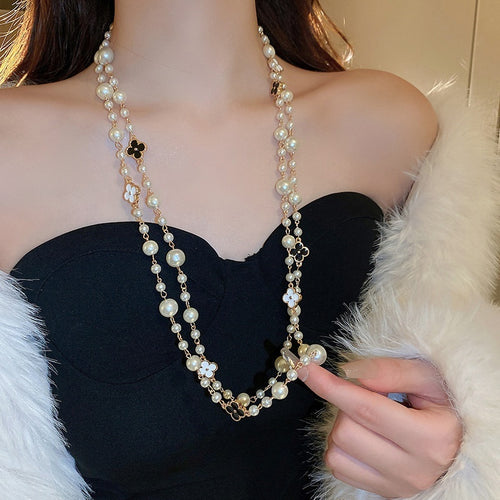 French Style Pearl Enamel Flower Double Layer Long Sweater Necklace For Women, Elegant Vintage Luxury