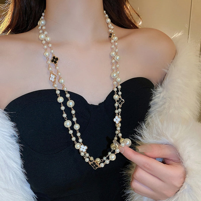 French Style Pearl Enamel Flower Double Layer Long Sweater Necklace For Women, Elegant Vintage Luxury