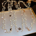 French Style Pearl Enamel Flower Double Layer Long Sweater Necklace For Women, Elegant Vintage Luxury view 3