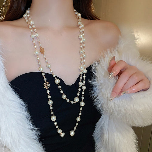 French Style Pearl Enamel Flower Double Layer Long Sweater Necklace For Women, Elegant Vintage Luxury