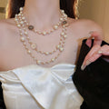 French Style Pearl Enamel Flower Double Layer Long Sweater Necklace For Women, Elegant Vintage Luxury view 4