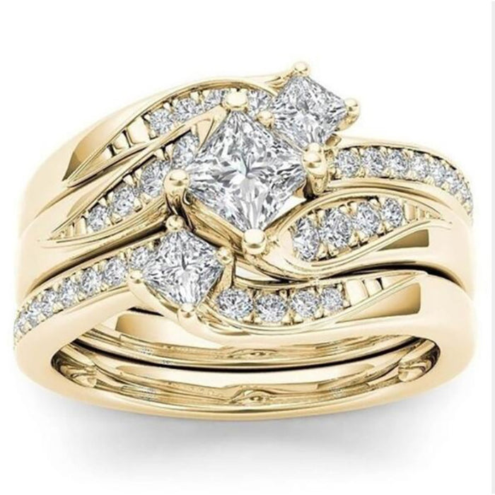 New Square Simulated Zircon Three Piece Ring Set, Micro Pave Engagement Finger Rings