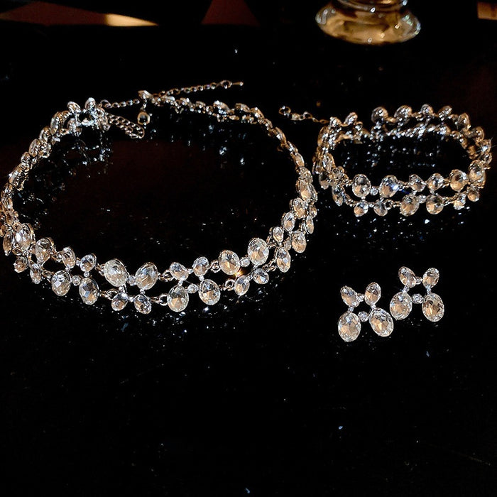 Rhinestone Oval Double Layer Alloy Jewelry Set, Light Luxury Necklace Earrings Bracelet