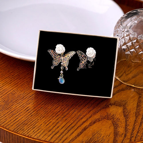 Elegant French Luxury Transparent Acrylic Butterfly White Flower Rhinestone Waterdrop Dangle Earrings