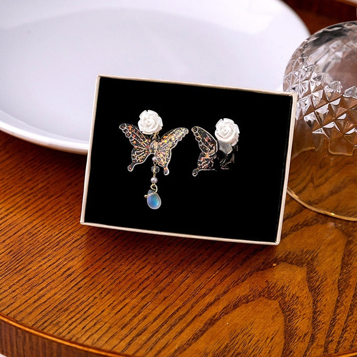 Elegant French Luxury Transparent Acrylic Butterfly White Flower Rhinestone Waterdrop Dangle Earrings