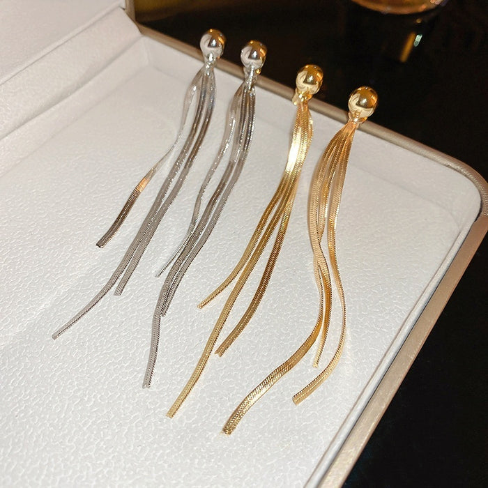 Copper Snake Bone Chain Two Way Long Tassel Drop Earrings Chic Geometric Line Design