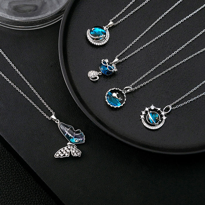Korean Silver Butterfly Cat Necklace Cute Animal Planet Collarbone Chain Rhinestone Whale Pendant