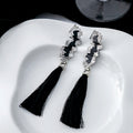 Vintage Luxury Rhinestone Wavy Alloy Drop Earrings With Black Long Tassel Bridal Statement Earrings view 3
