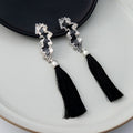 Vintage Luxury Rhinestone Wavy Alloy Drop Earrings With Black Long Tassel Bridal Statement Earrings view 1