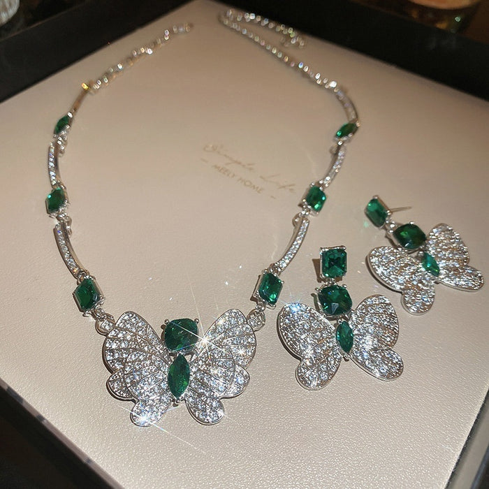 Light Luxury Copper Butterfly Green Crystal Square Earrings Necklace Jewelry Set