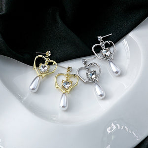French Vintage Hollow Heart Zircon Pearl Drop Alloy Studs Elegant Niche Design Women's Earrings