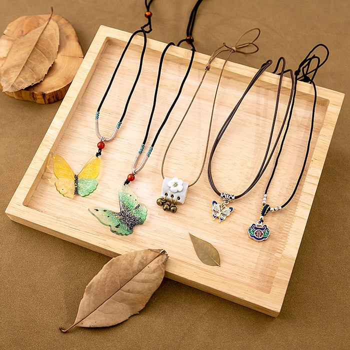 New Chinese Ethnic Butterfly Necklace With Ceramic Flower Bell And Peace Lock Collarbone Chain