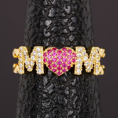 Pave Letter MOM Heart Shape Open Adjustable Ring For Mother's Day Fashion Gift