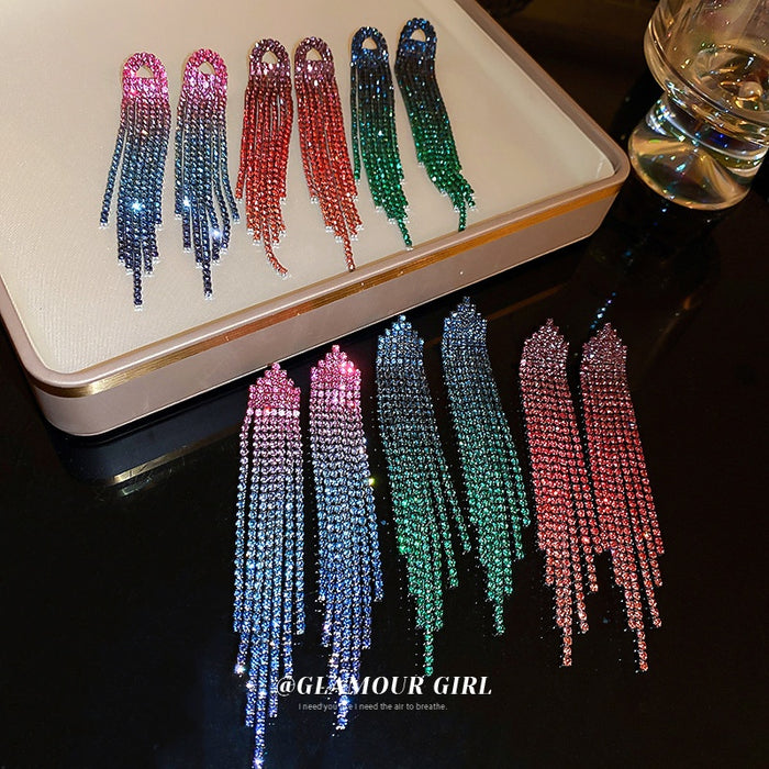 Alloy Silver Pin Colorful Rhinestone Triangle Waterdrop Tassel Drop Earrings For Women