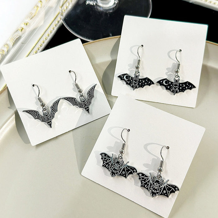 Vintage Punk Black Enamel Alloy Bat Drop Earrings For Women, Halloween Animal Charm Dangle Earrings
