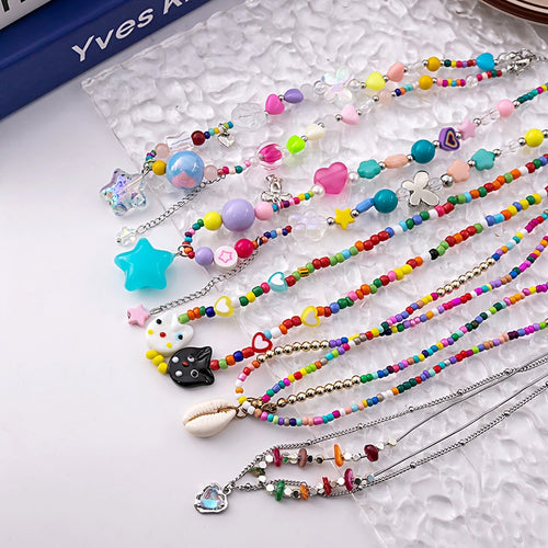 Summer Dopamine Girl Colorful Beaded Necklace Sweet Forest Star Butterfly Heart Collarbone Chain