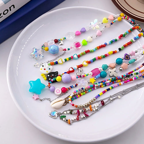 Summer Dopamine Girl Colorful Beaded Necklace Sweet Forest Star Butterfly Heart Collarbone Chain