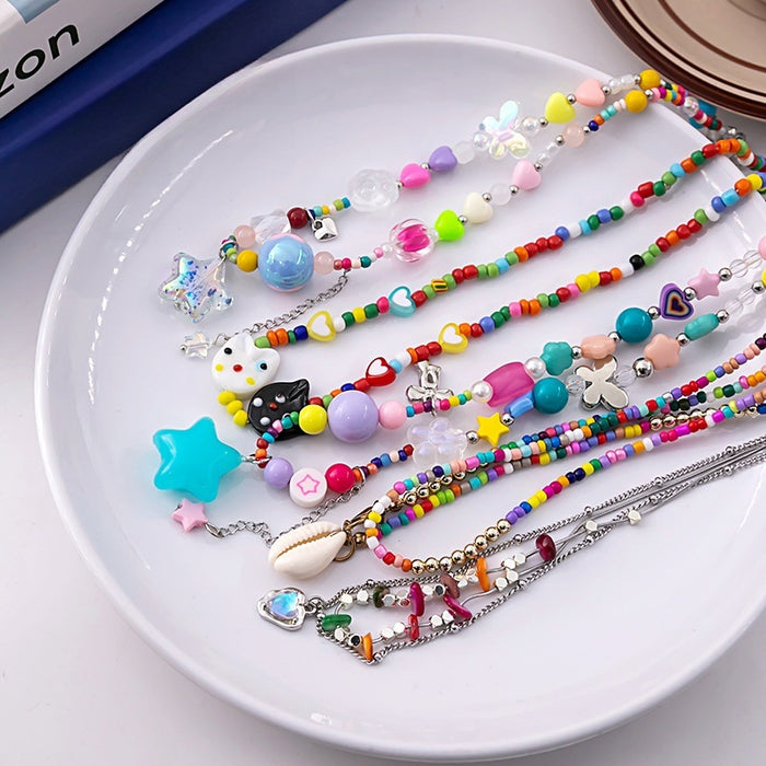 Summer Dopamine Girl Colorful Beaded Necklace Sweet Forest Star Butterfly Heart Collarbone Chain