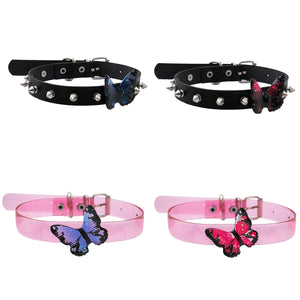 Blue Resin Butterfly Y2K Studded Punk Leather Adjustable Choker Necklace For Women