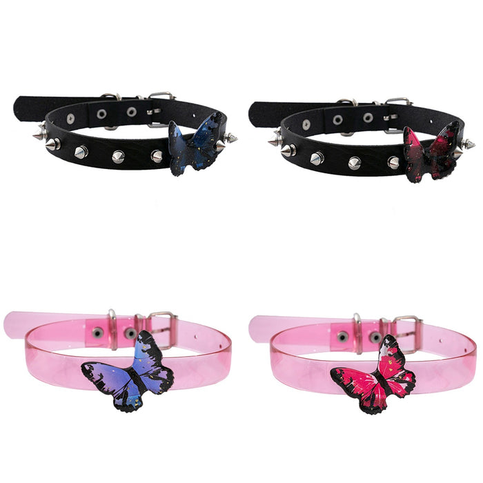 Blue Resin Butterfly Y2K Studded Punk Leather Adjustable Choker Necklace For Women