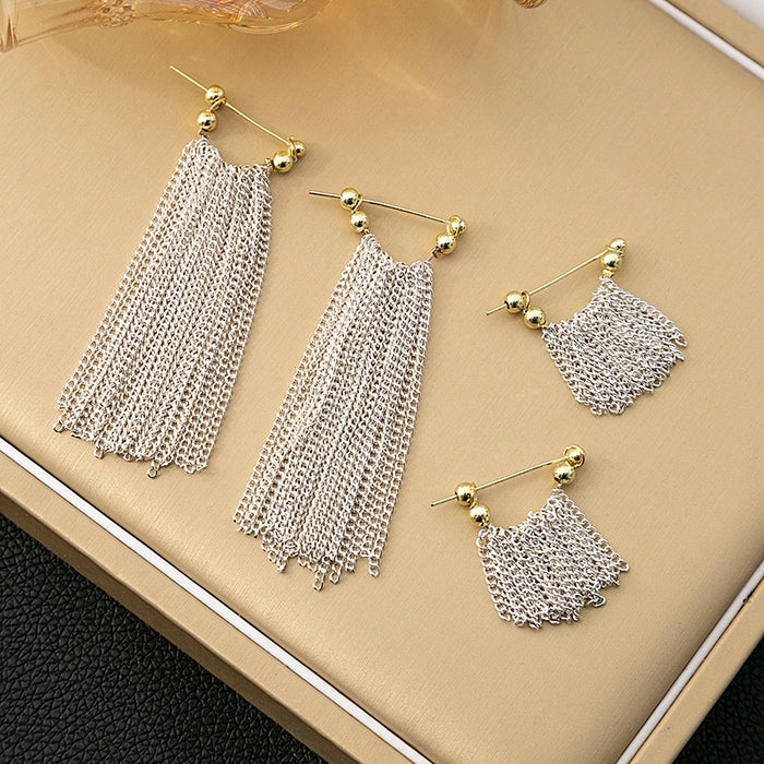 Elegant Alloy Gold Bead Bar Long Chain Tassel Drop Earrings For Women Minimalist Luxury Fringe Earrings