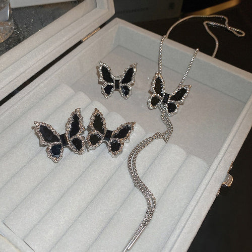 Rhinestone Butterfly Chain Drawstring Necklace Earrings Ring Jewelry Set, Alloy Luxury Style