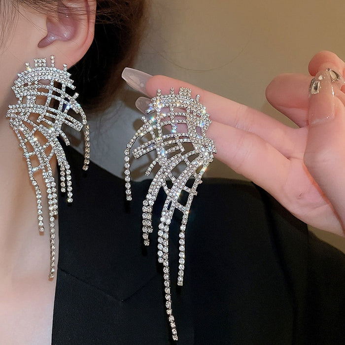 Chic Alloy Rhinestone Wing Hollow Tassel Drop Earrings With Silver Needle Posts