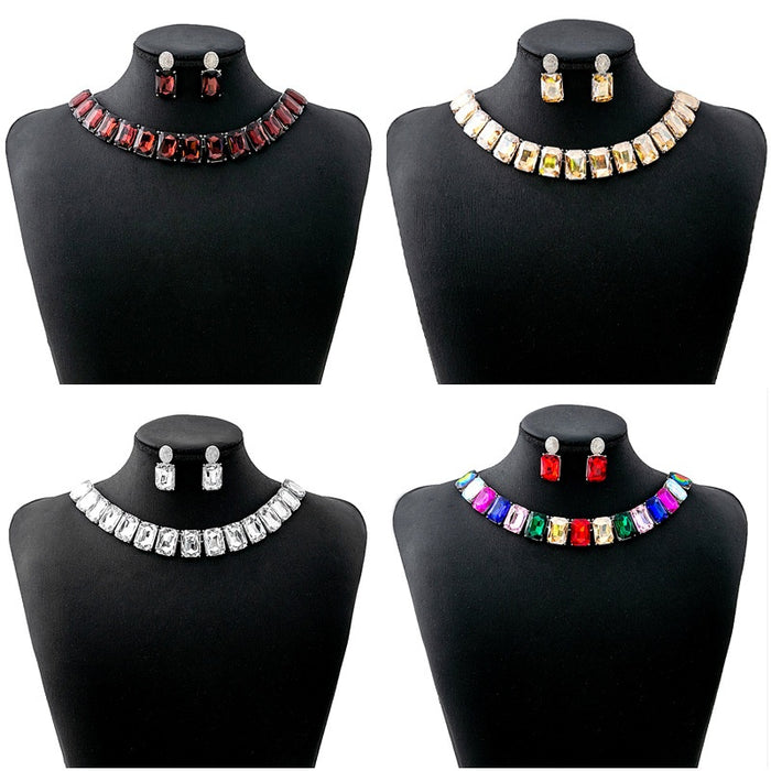 Luxury Square Crystal Rhinestone Necklace Jewelry Set With Matching Drop Statement Earrings