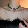 Light Luxury Alloy Jewelry Set With Emerald Round Rhinestone Stud Earrings And Collarbone Necklace view 4