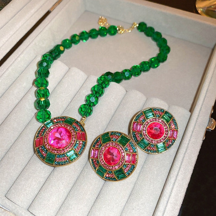 Light Luxury Alloy Jewelry Set With Emerald Round Rhinestone Stud Earrings And Collarbone Necklace