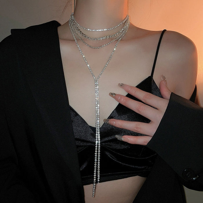 Rhinestone Alloy Chain Multi Layer Tassel Necklace For Women, Sweet Cool Geometric Collarbone Jewelry