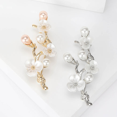 Pearl Alloy Peach Blossom Branch Brooch Lapel Pin For Clothing