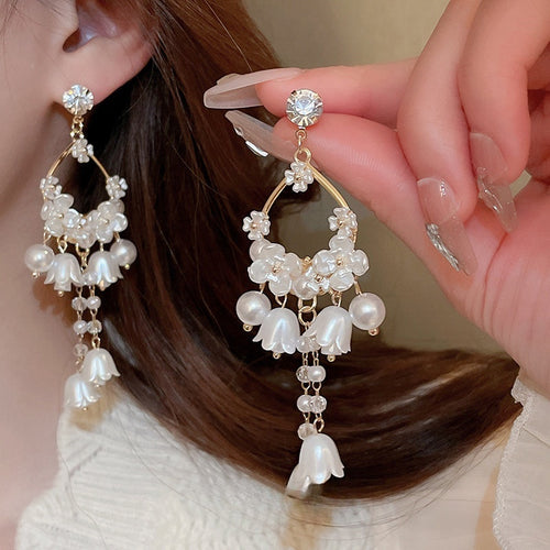 Chic French Faux Pearl Rhinestone Lily Of The Valley Flower Drop Earrings