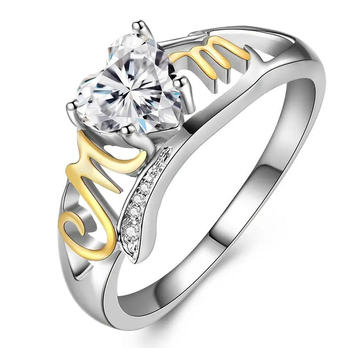 Mother's Day Two Tone Heart Zircon Ring, Mom Love Inlaid Heart Finger Jewelry Gift For Women