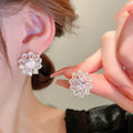 Japanese Style Sunflower Full Zircon Stud Earrings, Luxury Floral Statement Ear Jewelry view 4