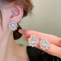 Japanese Style Sunflower Full Zircon Stud Earrings, Luxury Floral Statement Ear Jewelry view 7