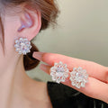 Japanese Style Sunflower Full Zircon Stud Earrings, Luxury Floral Statement Ear Jewelry view 6