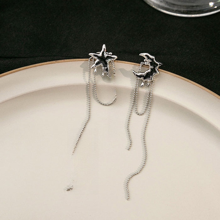 Sweet Cool Star Moon Alloy Ear Clip Long Chain Tassel Asymmetric No Piercing Enamel Earrings